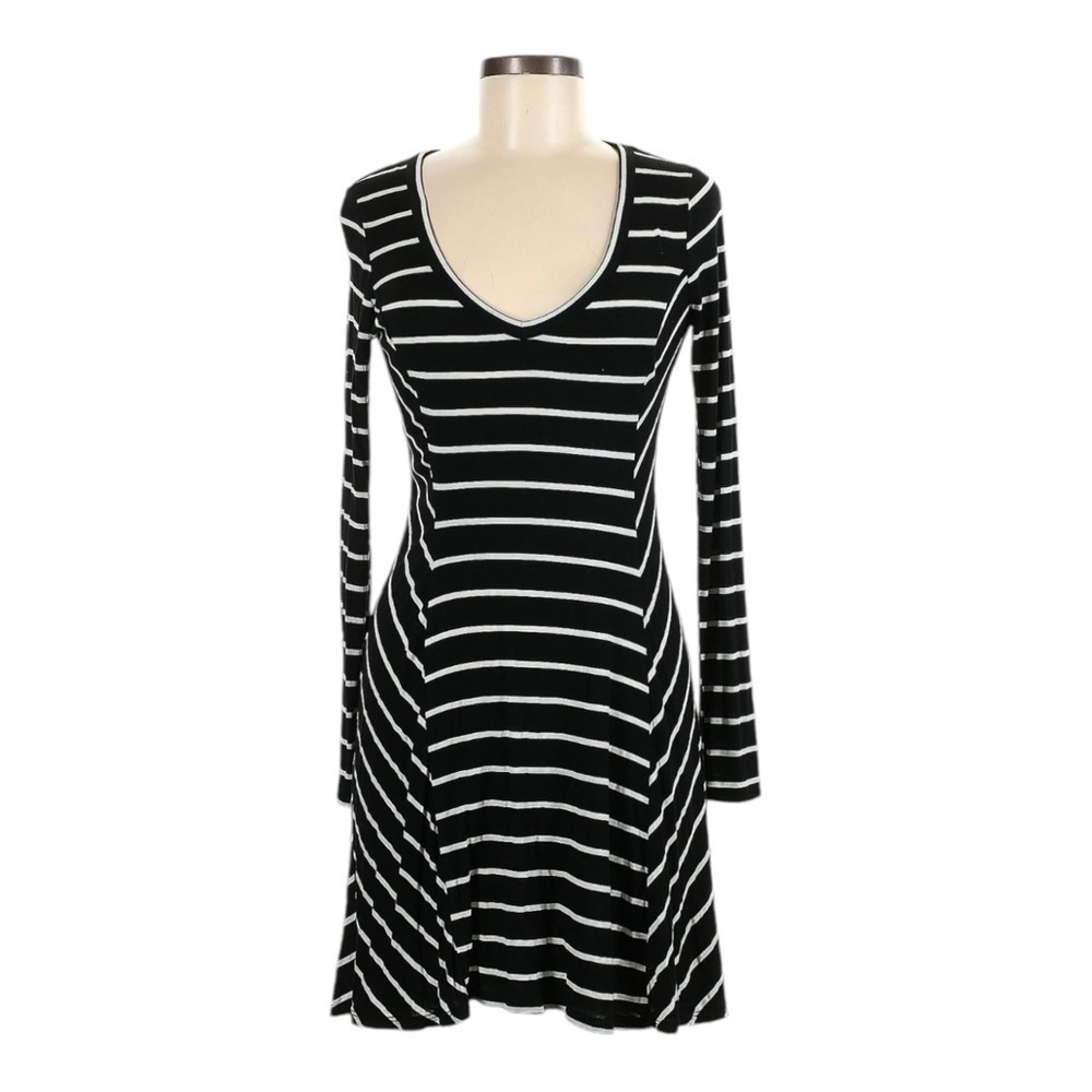 🌺 Love Fire Stripe V-Neck Black Jersey Comfy Long Sleeve Dress Size XL